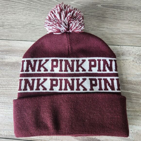 Victorias Secret PINK Maroon Knit Beanie Pom Pom Hat Cap - Picture 2 of 7